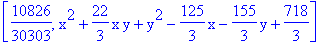 [10826/30303, x^2+22/3*x*y+y^2-125/3*x-155/3*y+718/3]